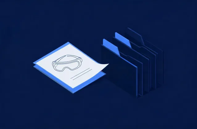 Illustration of a safety glasses specification brief handing off to quotation folders